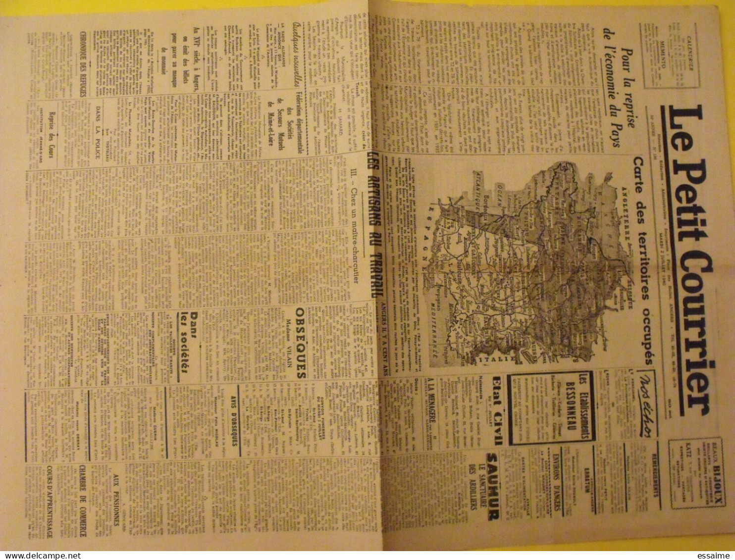 Le Petit Courrier N° 186 Du 2 Juillet 1940. Carte Des Territoires Occupés Angers Baugé Cholet Saumur - Oorlog 1939-45