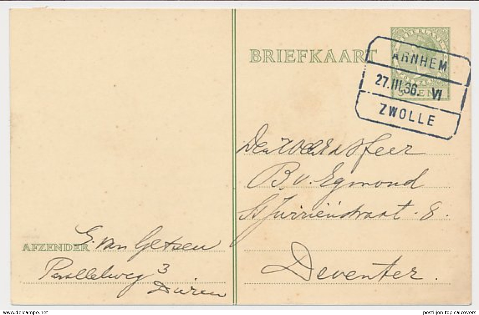 Treinblokstempel : Arnhem - Zwolle VI 1936 ( Dieren ) - Zonder Classificatie