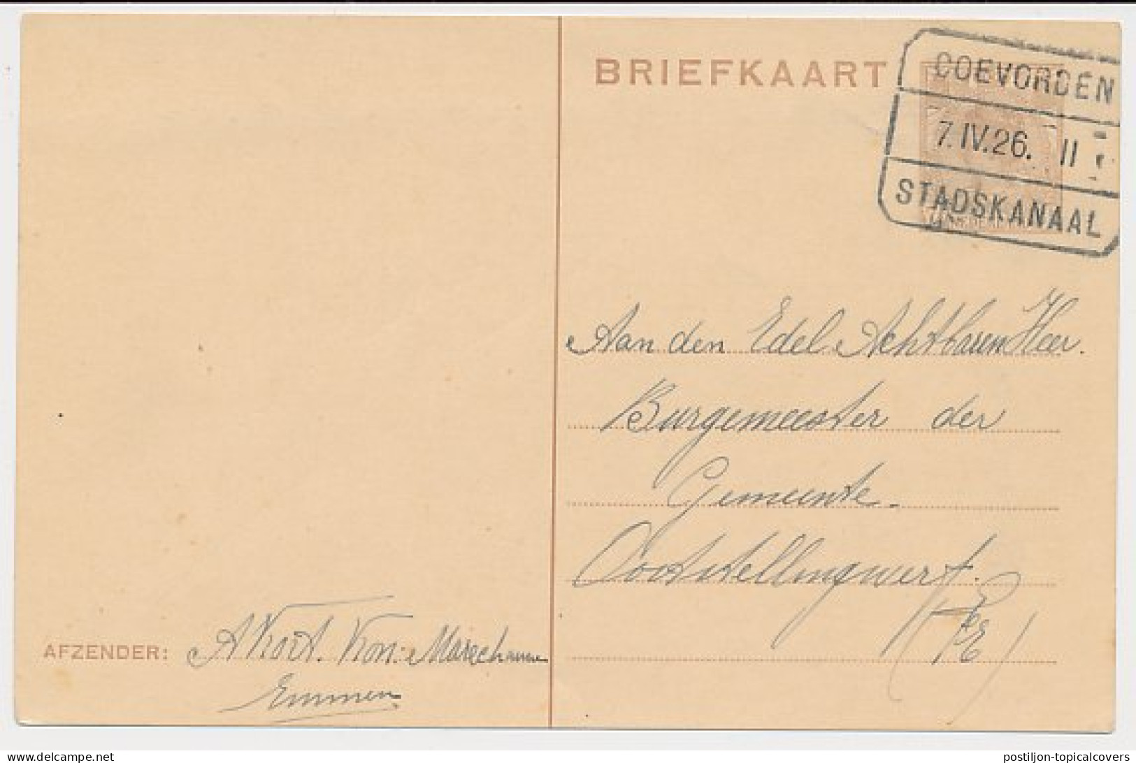 Treinblokstempel : Coevorden - Stadskanaal II 1926  - Zonder Classificatie
