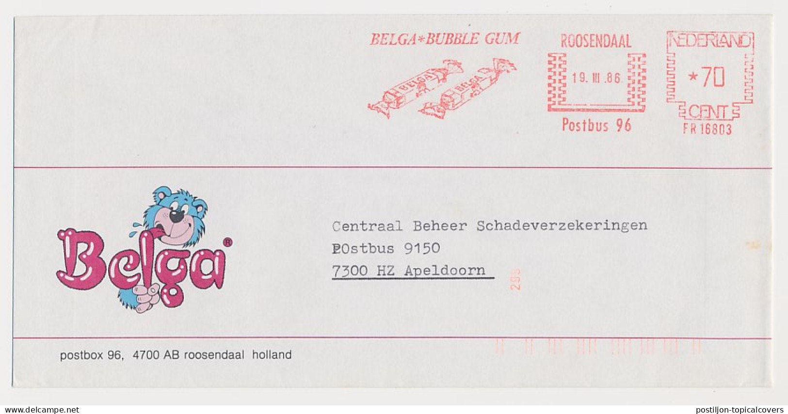 Meter Cover Netherlands 1986 Candy - Chewing Gum - Belga - Roosendaal - Levensmiddelen