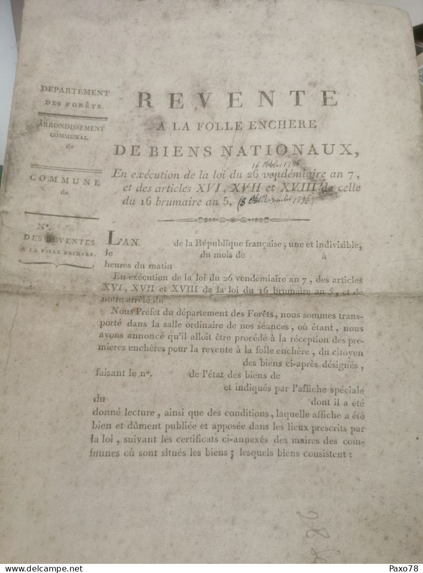 Revente A La Folle Enchere De Biens Nationaux, An 7. Fait à Luxembourg - ...-1852 Prefilatelia