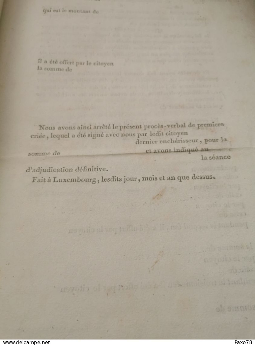 Revente A La Folle Enchere De Biens Nationaux, An 7. Fait à Luxembourg - ...-1852 Prefilatelia