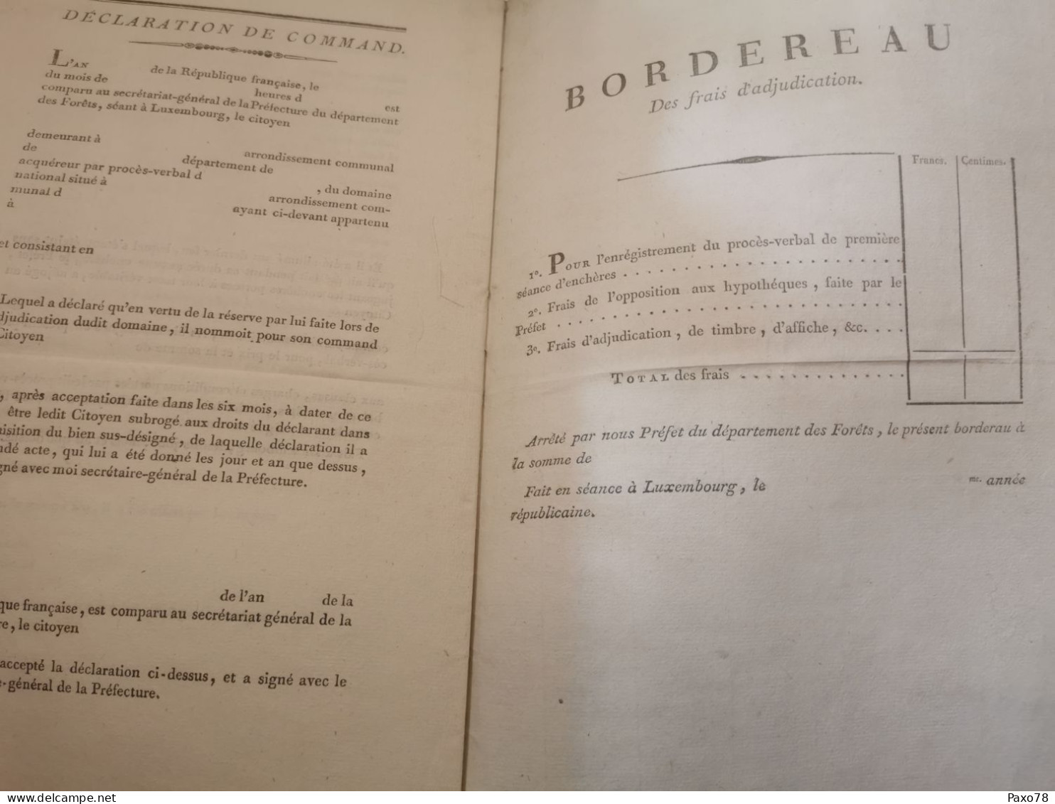 Revente A La Folle Enchere De Biens Nationaux, An 7. Fait à Luxembourg - ...-1852 Prefilatelia