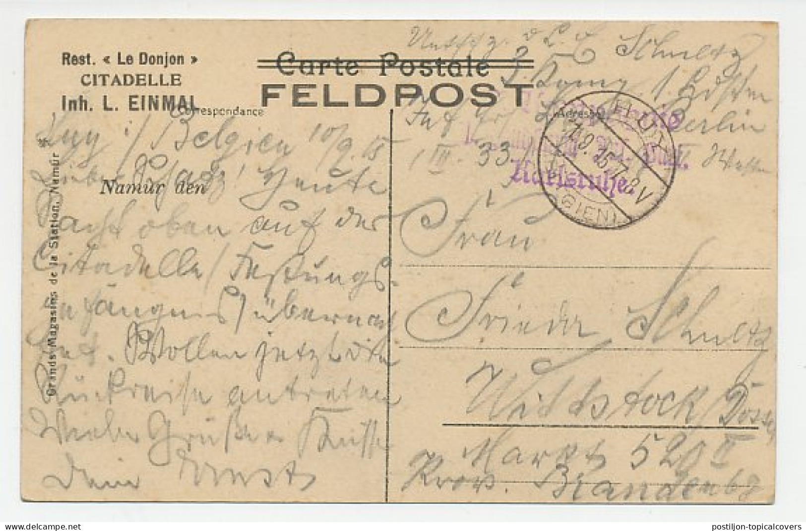 Fieldpost Postcard Germany / France 1915 Train Station Namur - WWI - Trains