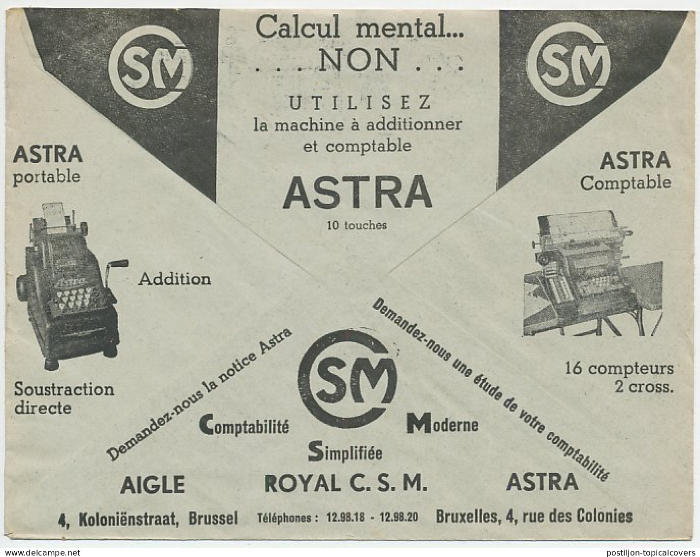 Postal Cheque Cover Belgium 1937 Typewriter - Counting Machine - Calculator - Astra - Sin Clasificación