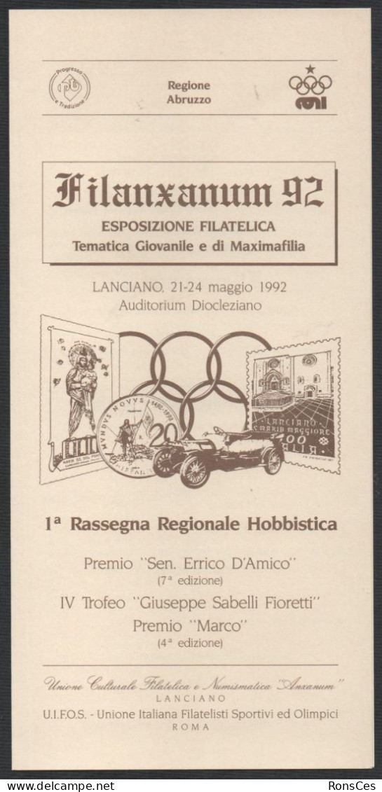 ITALIA LANCIANO (CH) 1992 - FILANXANUM '92 - ESPOSIZIONE FILATELICA - VOLANTINO PUBBLICITARIO - A - Publicités