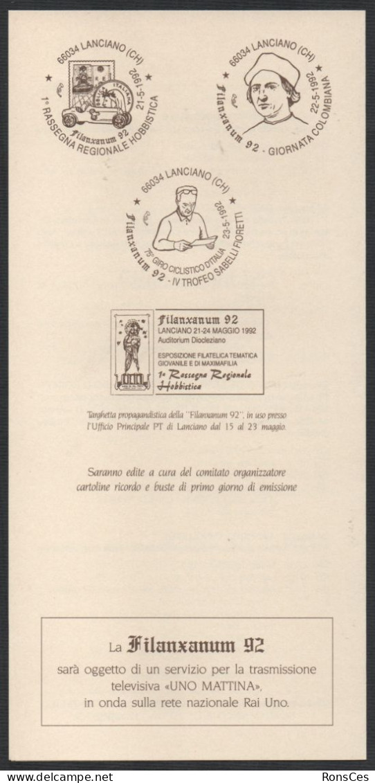 ITALIA LANCIANO (CH) 1992 - FILANXANUM '92 - ESPOSIZIONE FILATELICA - VOLANTINO PUBBLICITARIO - A - Werbung