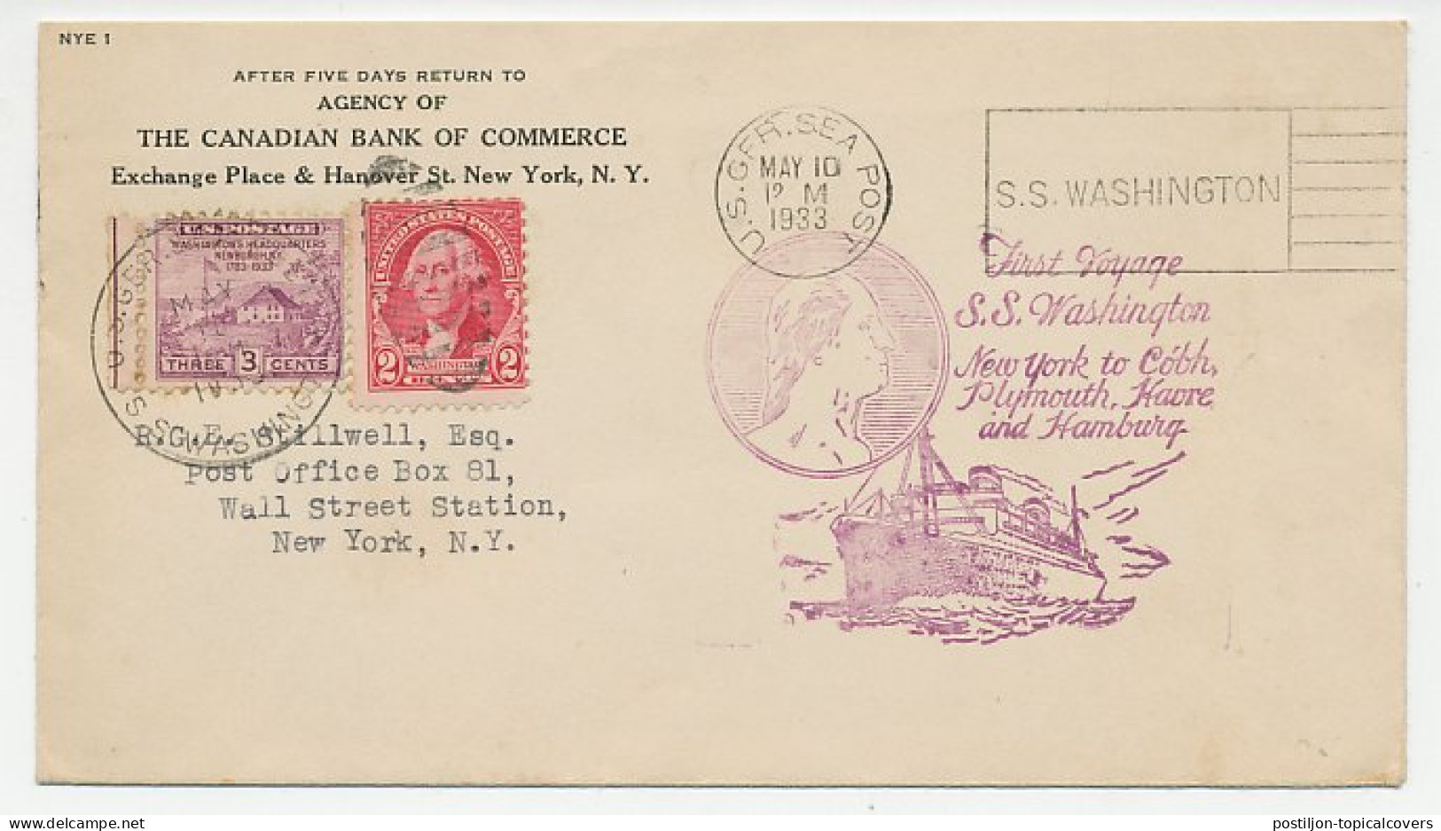 Cover / Postmark USA 1933 S.S. Washington - First Voyage - Bateaux