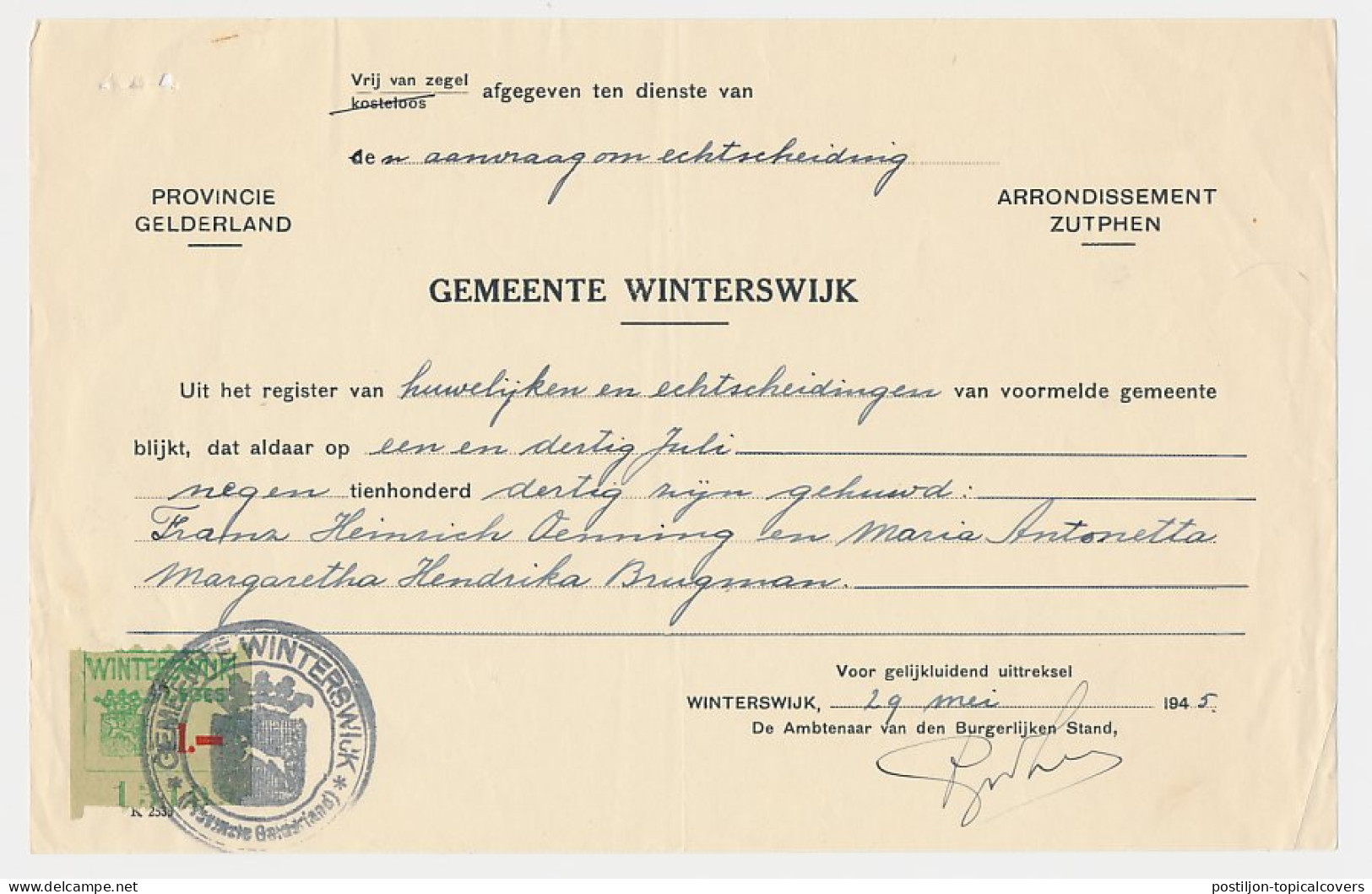 Gemeente Leges 1.- Winterswijk 1945 - Revenue Stamps