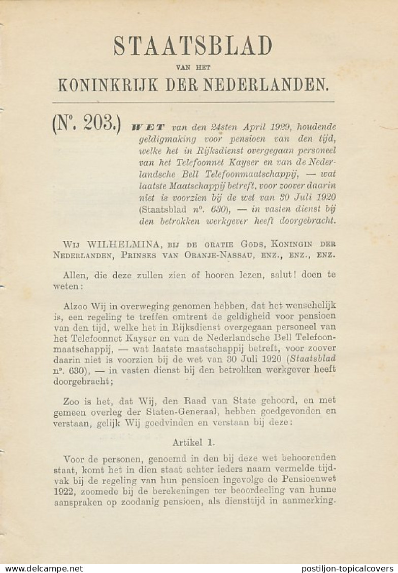 Staatsblad 1929 : Nederlandsche Bell Telefoonmaatschappij - Documents Historiques