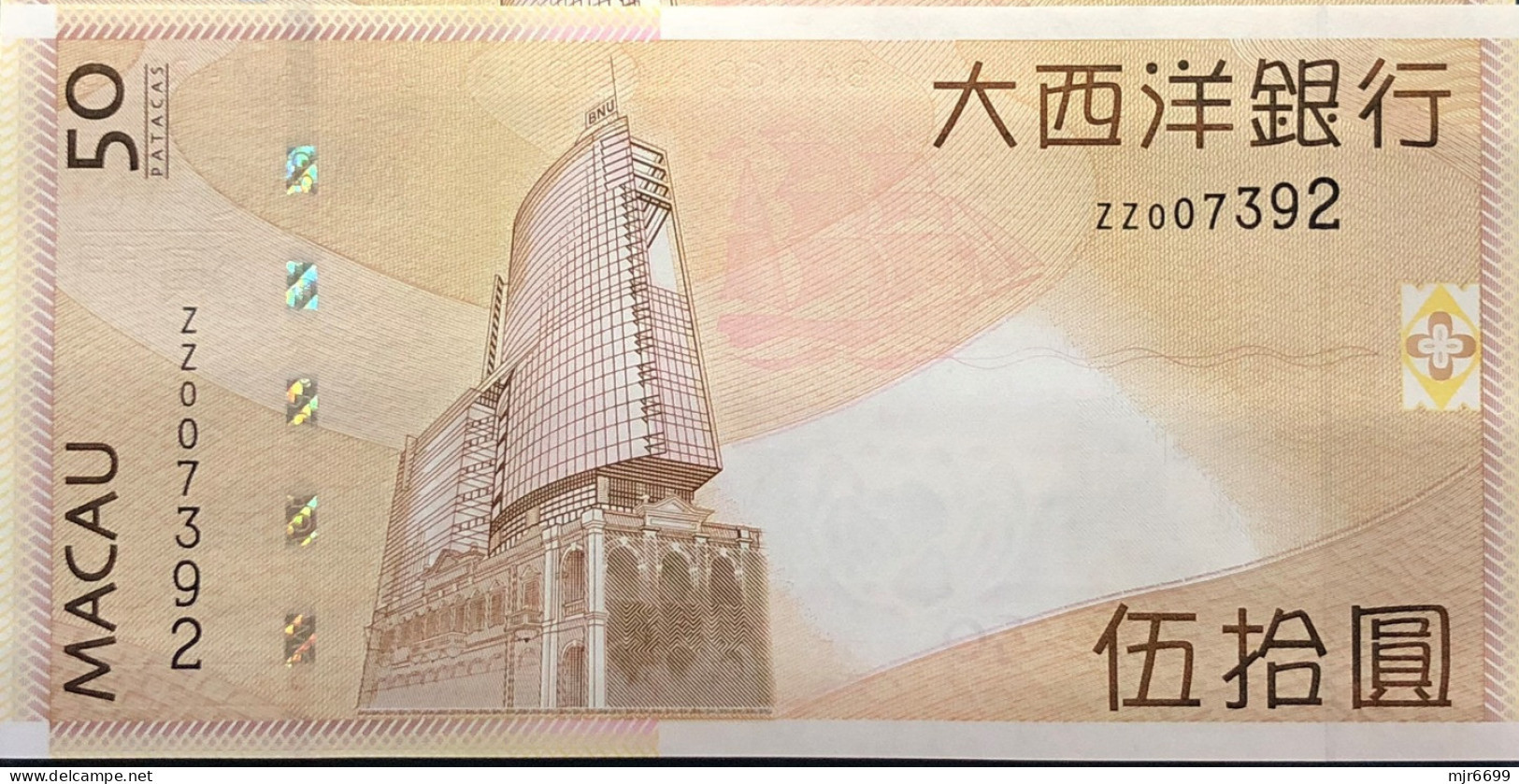 BNU - BANCO NACIONAL ULTRAMARINO 2009 50 PATACAS UNC WITH ZZ PREFIX. - Macao