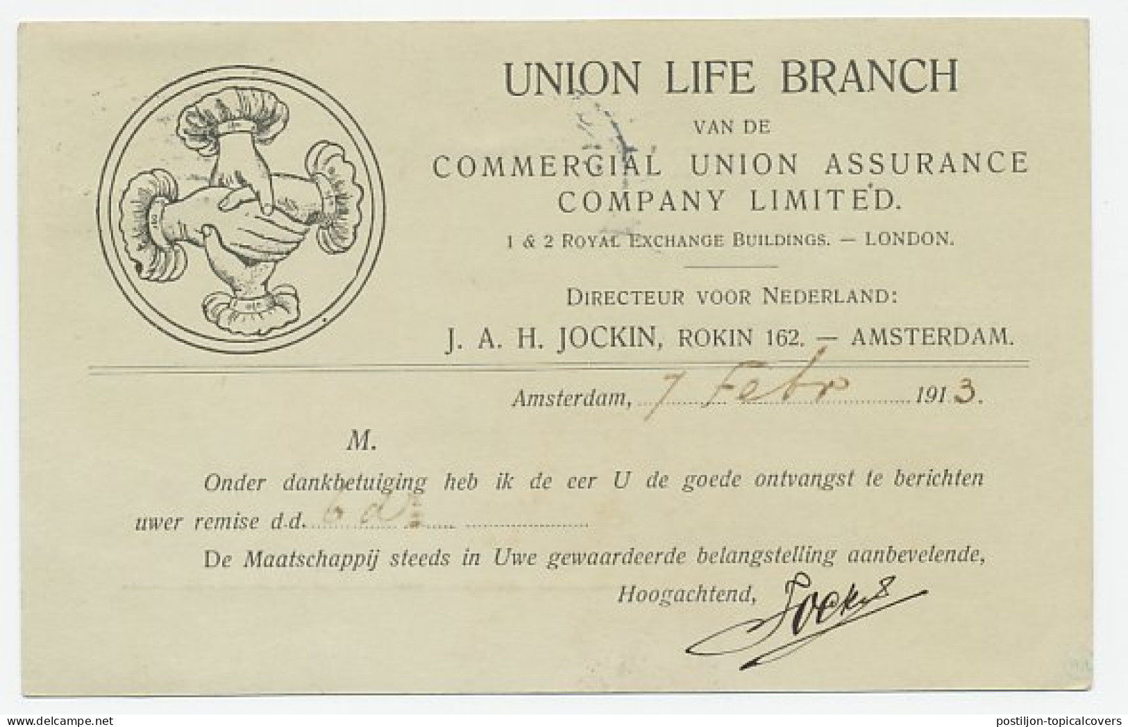 Firma Briefkaart Amsterdam 1913 - Union Life Branch - Sin Clasificación
