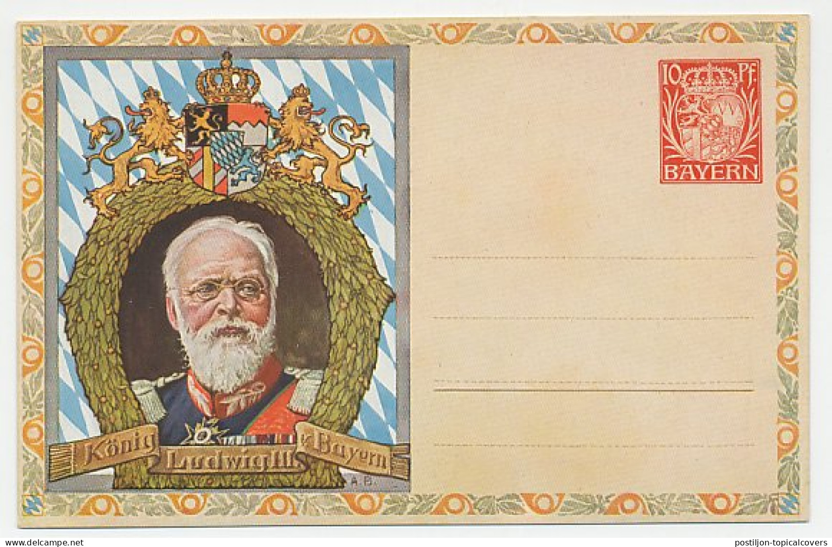 Postal Stationery Bayern King Ludwig III - Backside Postman - Horse - Stamps - Royalties, Royals