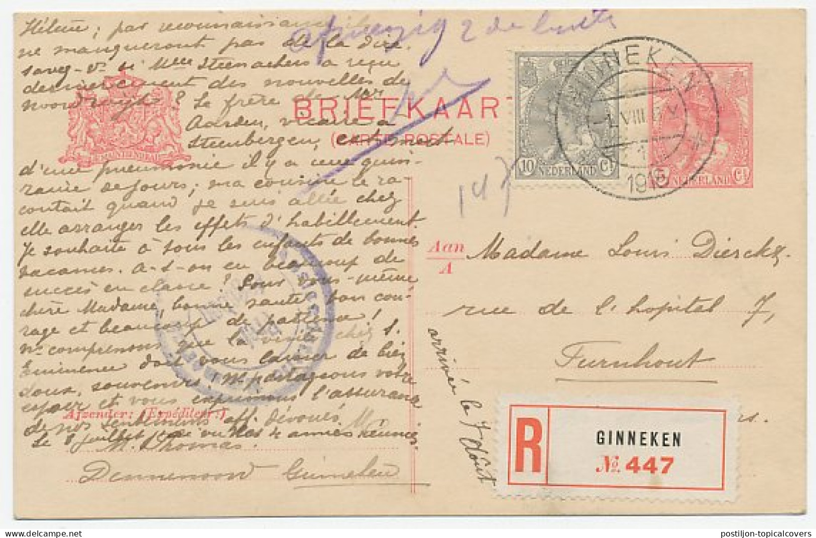 Em. Bontkraag Aangetekend Briefkaart Ginneken - Belgie 1918 - Non Classés