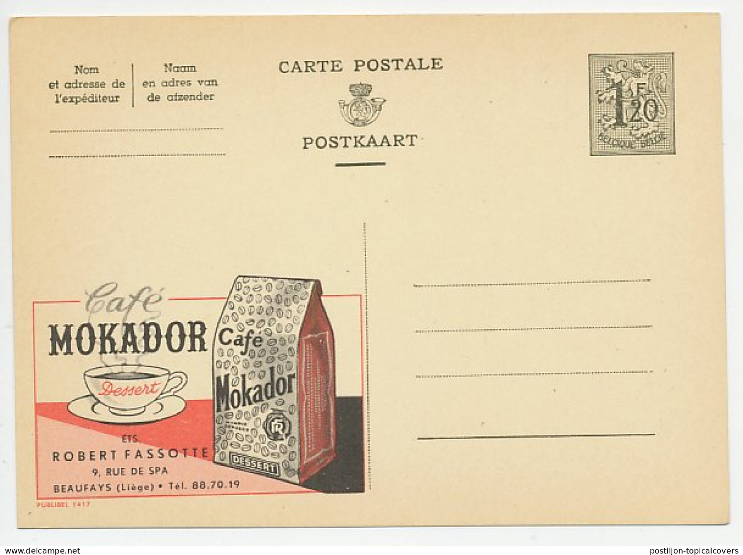 Publibel - Postal Stationery Belgium 1954 Coffee - Mokador - Altri & Non Classificati