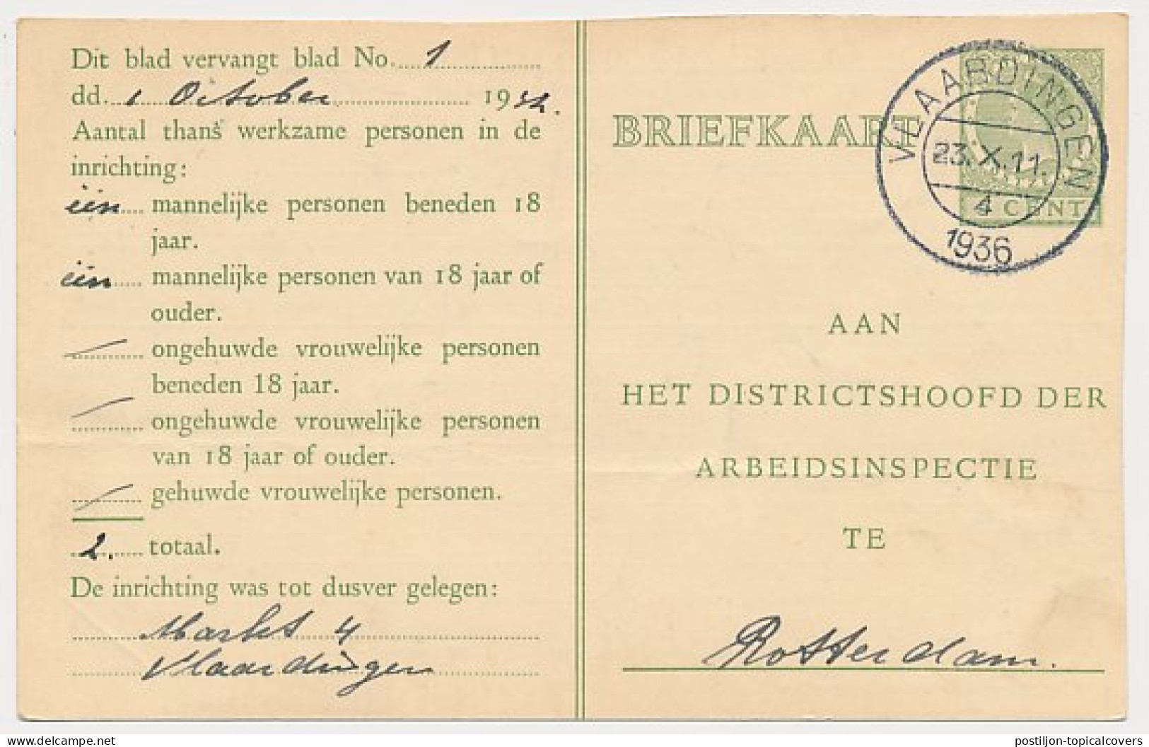 Arbeidslijst G. 16 B Vlaardingen - Rotterdam 1936 - Entiers Postaux