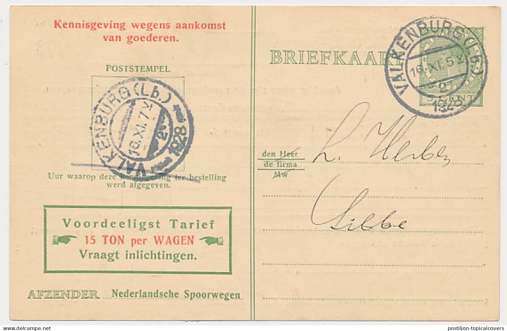 Spoorwegbriefkaart G. NS216 D - Valkenburg 1928 - Entiers Postaux