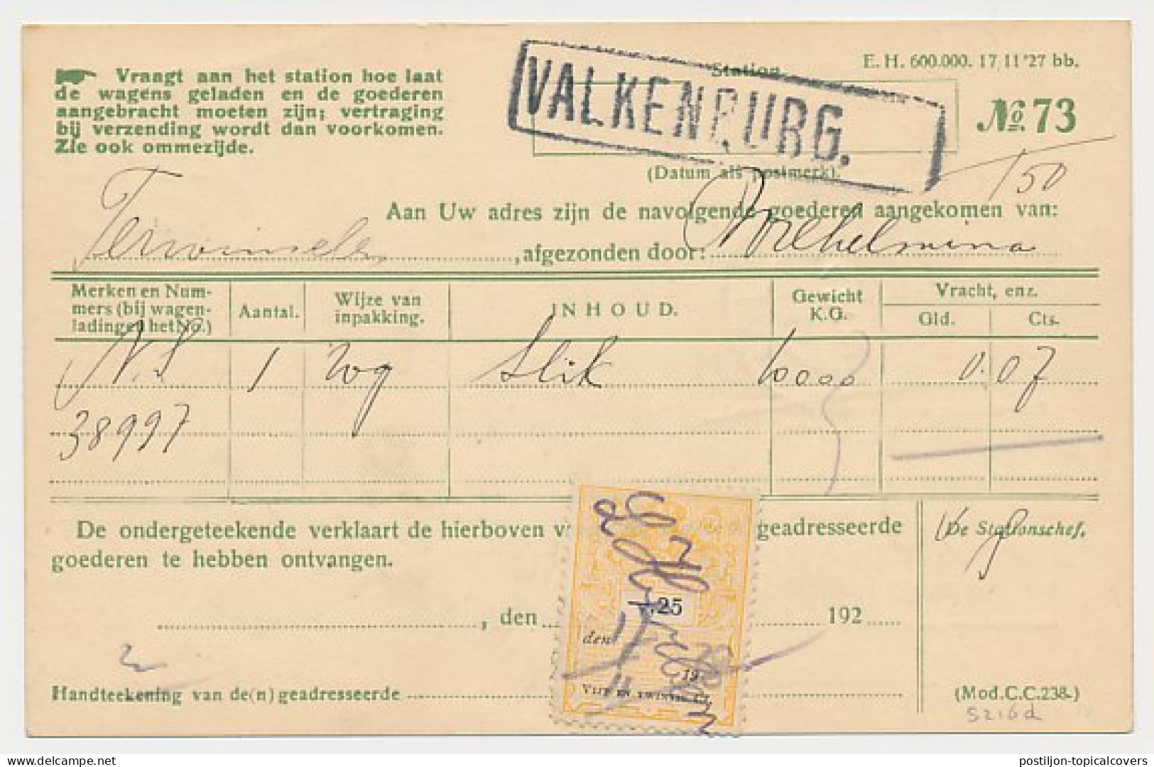 Spoorwegbriefkaart G. NS216 D - Valkenburg 1928 - Entiers Postaux