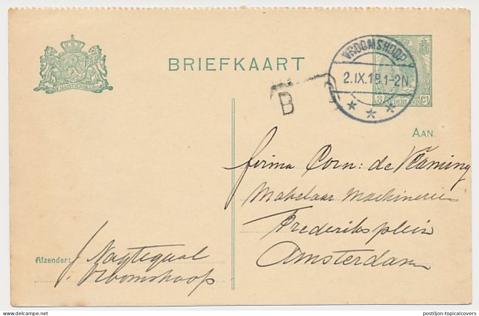 Briefkaart G. 99 B I Vroomshoop - Amsterdam 1918 - Entiers Postaux