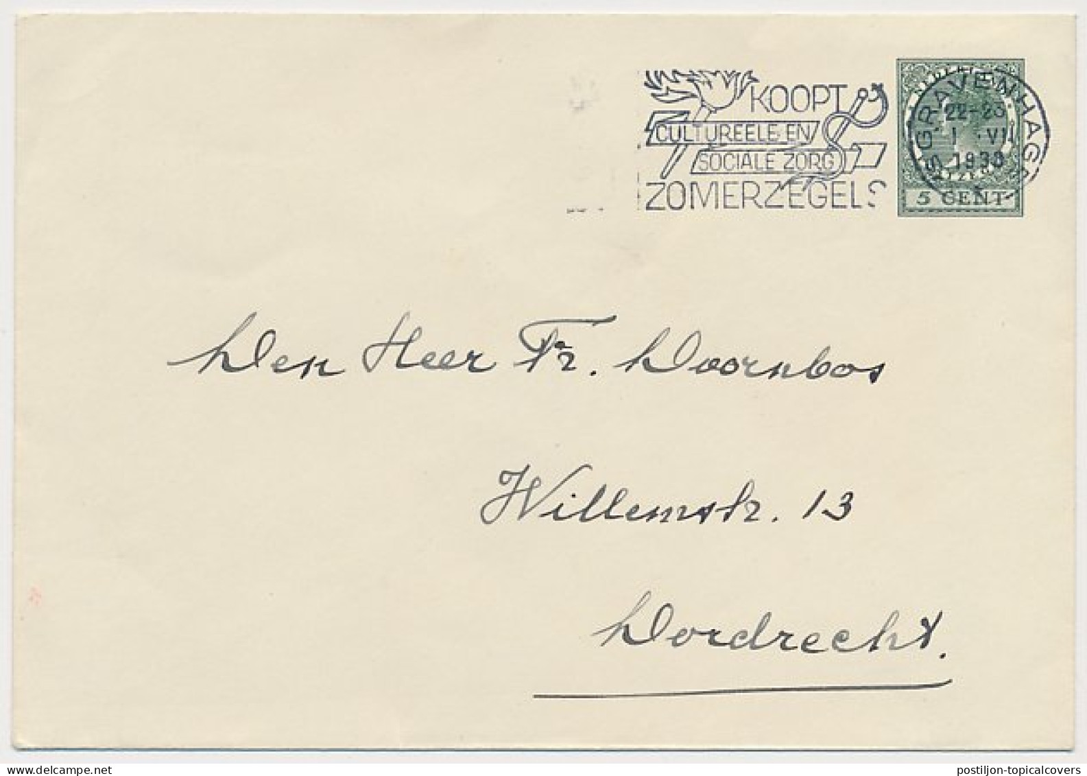 Envelop G. 25 A S Gravenhage - Dordrecht 1938 - Material Postal