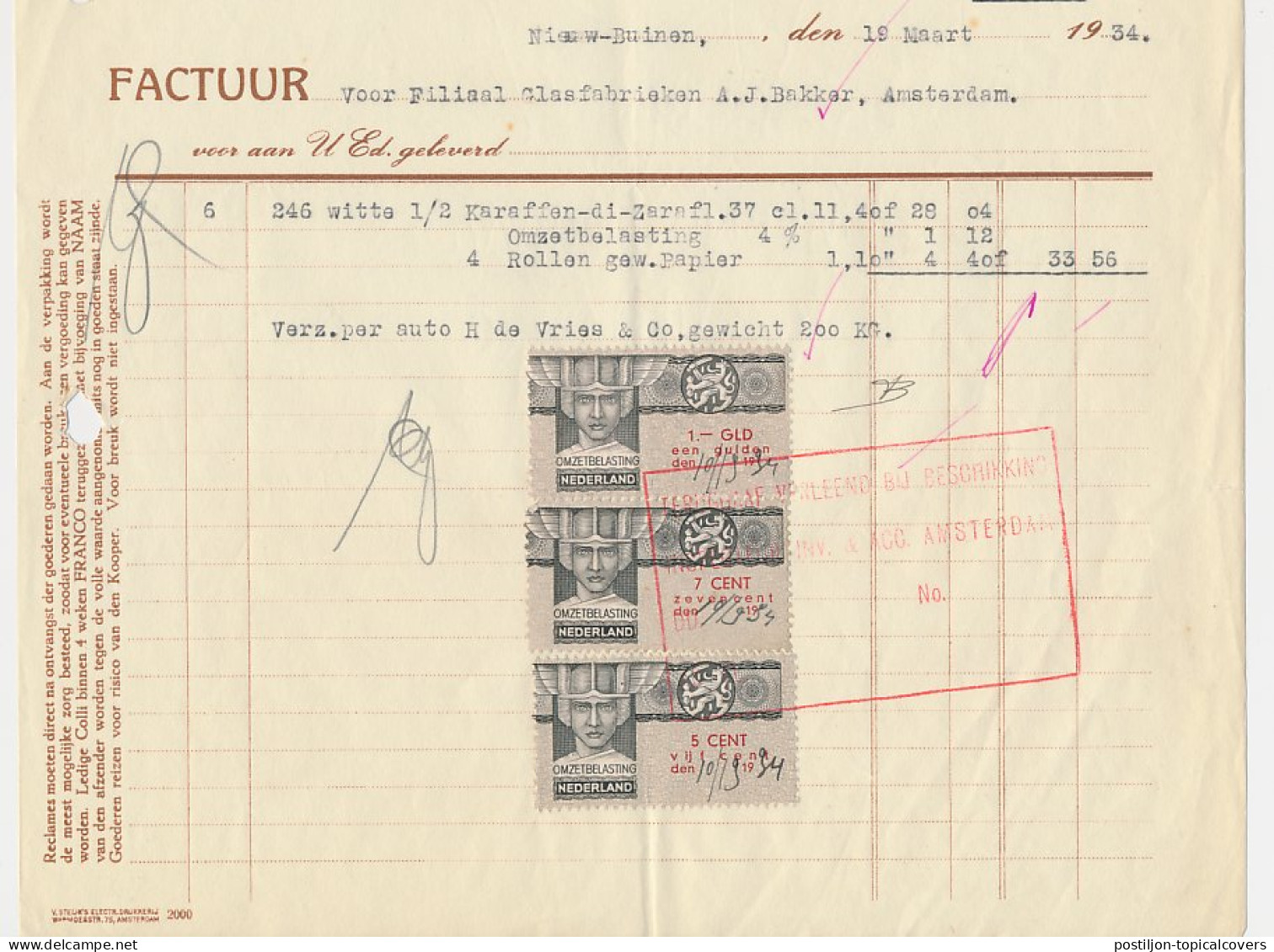 Omzetbelasting 9 CENT / 1.- GLD - Nieuw Buinen 1934 - Fiscales