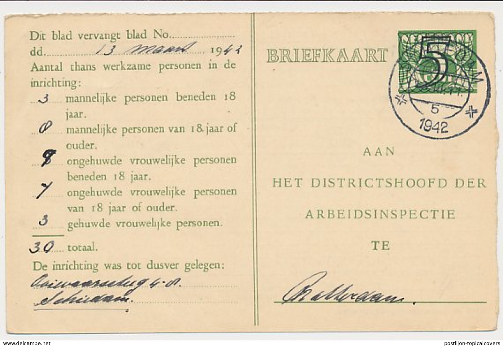 Arbeidslijst G. 19 Locaal Te Rotterdam 1942 - Postal Stationery