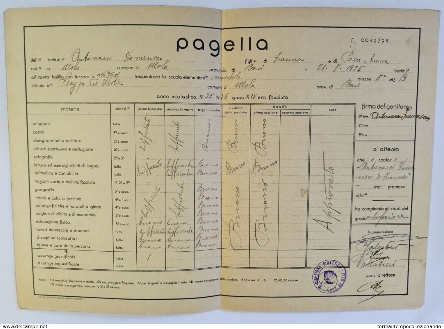 Bp99 Pagella Fascista Opera Balilla Regno D'italia Mola Di Bari 1936 - Diploma's En Schoolrapporten