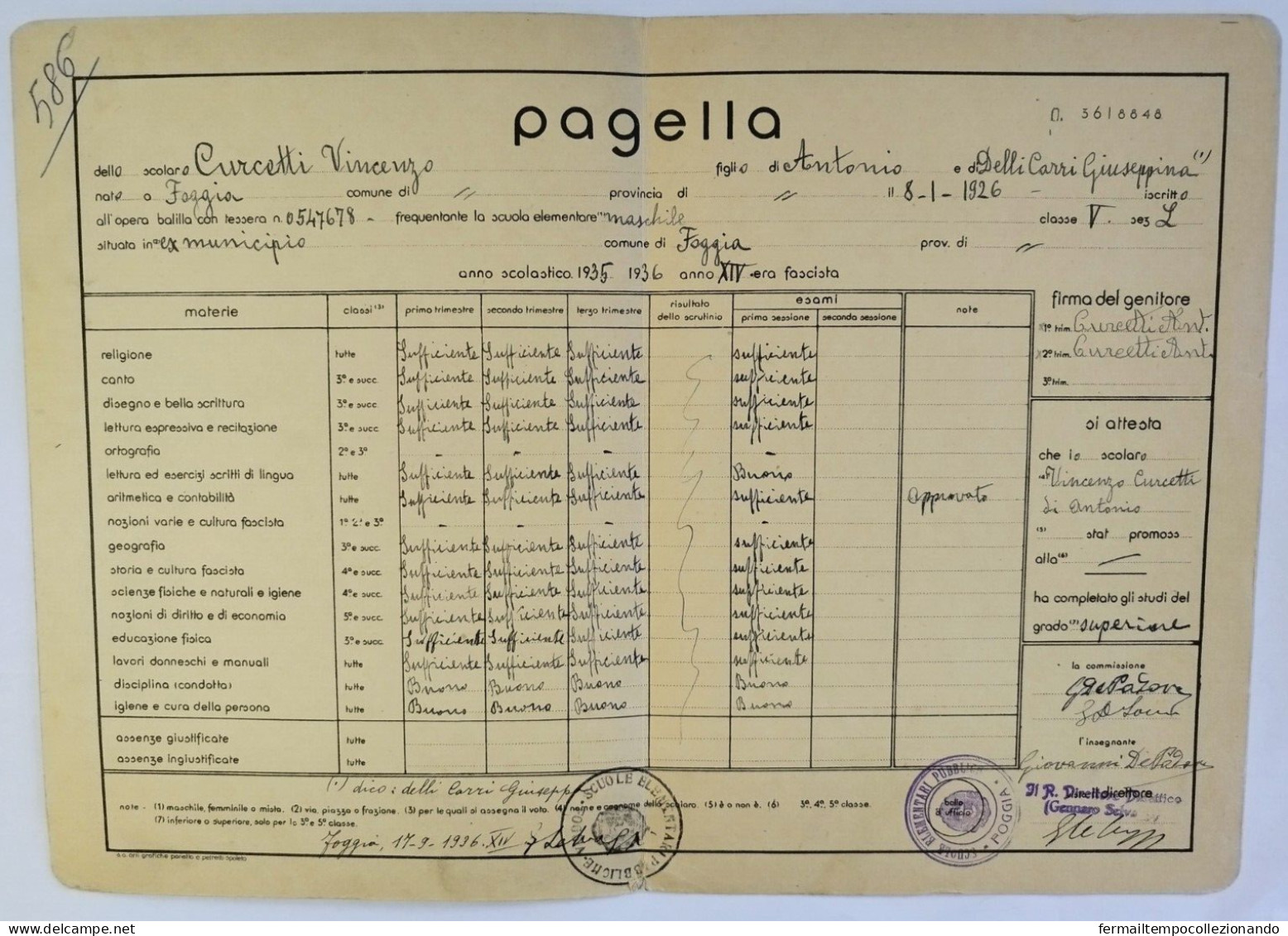 Bp100 Pagella Fascista Opera Balilla Regno D'italia Foggia 1936 - Diploma & School Reports