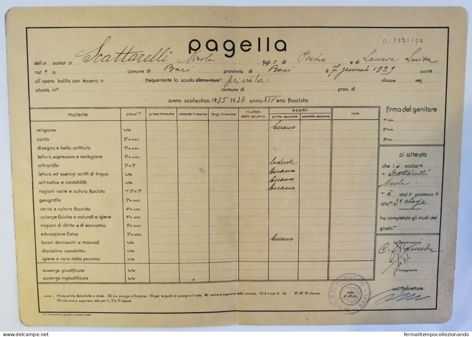 Bp97 Pagella Fascista Opera Balilla Regno D'italia Bari 1936 - Diploma's En Schoolrapporten