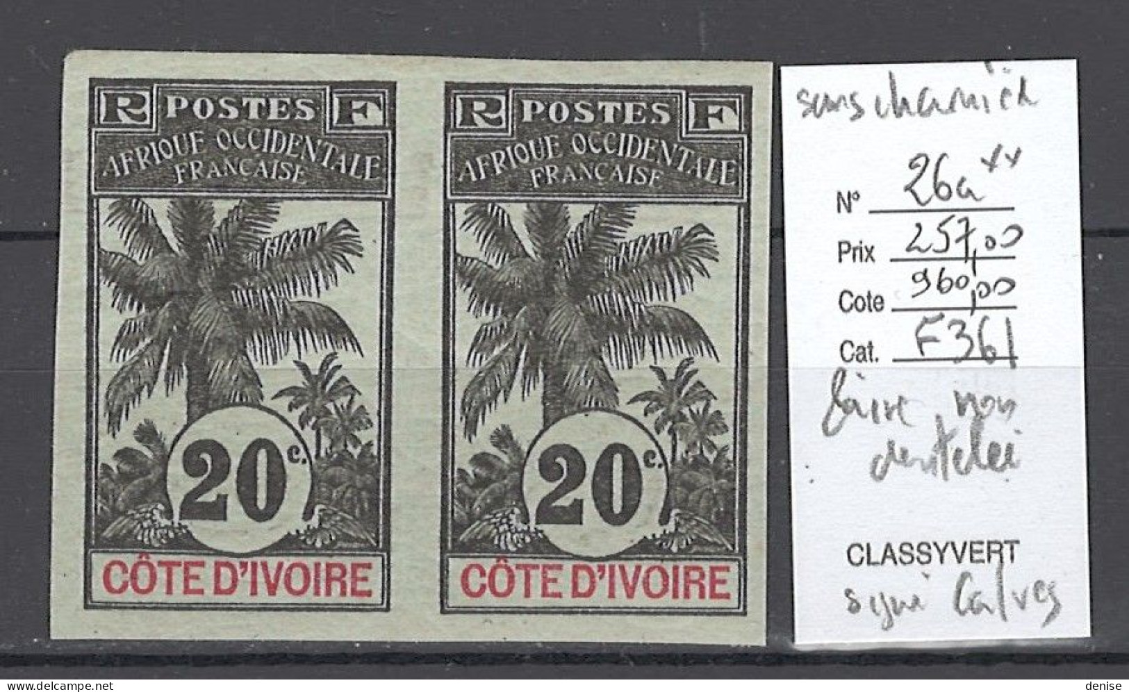 Cote D'Ivoire - Yvert 26a** - Palmier 20 Cts - PAIRE NON DENTELEE - SIGNE CALVES - Neufs