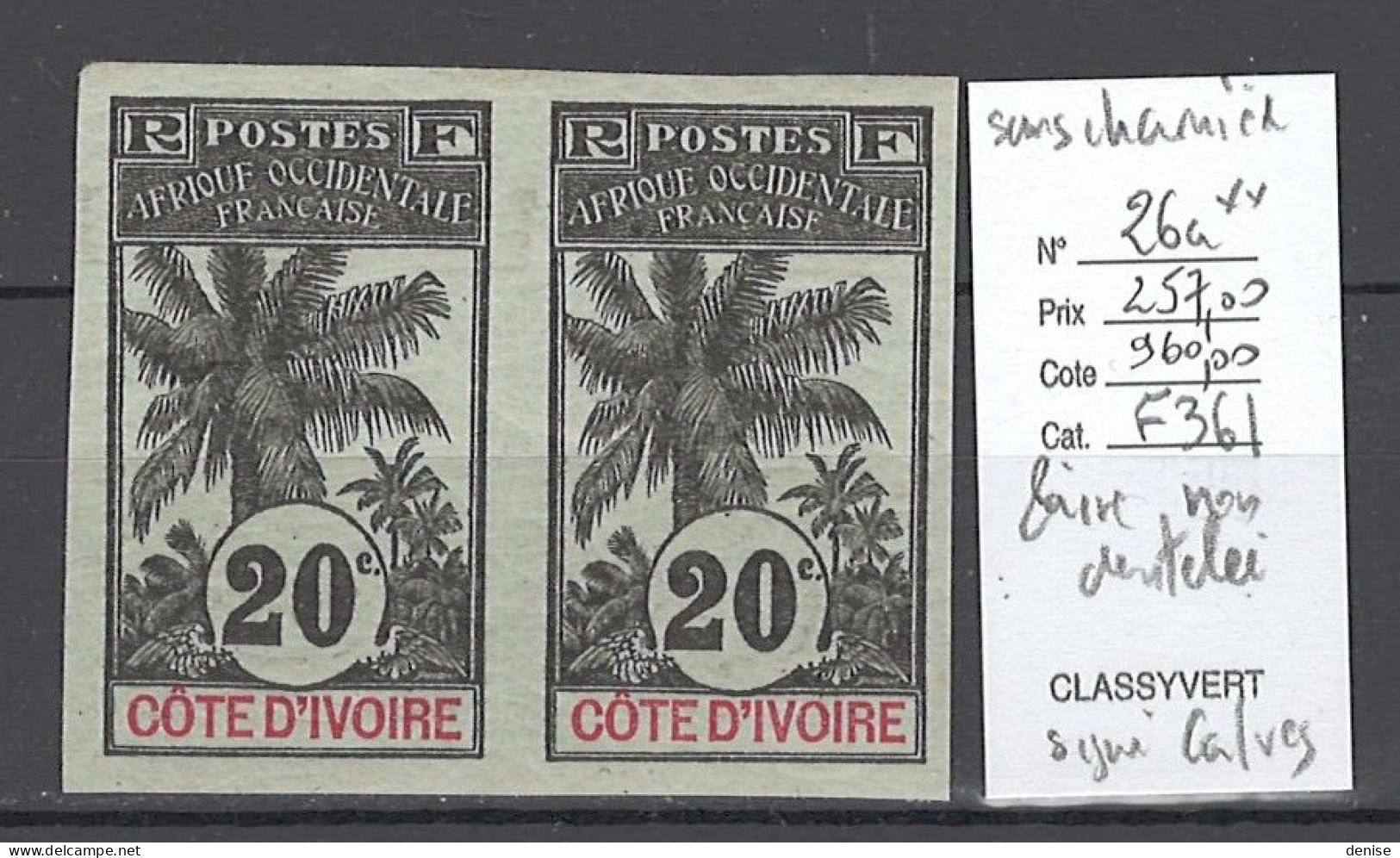 Cote D'Ivoire - Yvert 26a** - Palmier 20 Cts - PAIRE NON DENTELEE - SIGNE CALVES - Unused Stamps