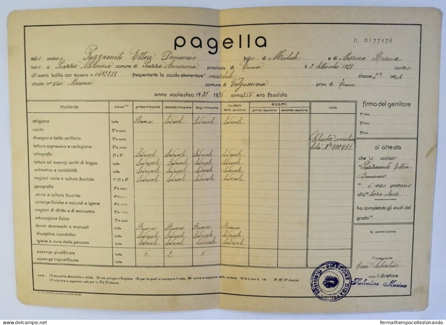 Bp103 Pagella Fascista Opera Balilla Regno D'italia Piazza Armerina Enna 1936 - Diplomas Y Calificaciones Escolares