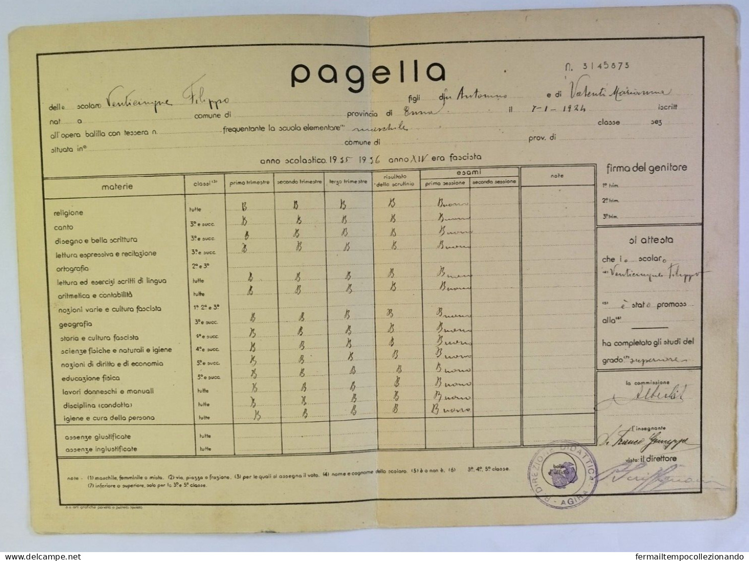 Bp102 Pagella Fascista Opera Balilla Regno D'italia Agira Enna - Diplômes & Bulletins Scolaires