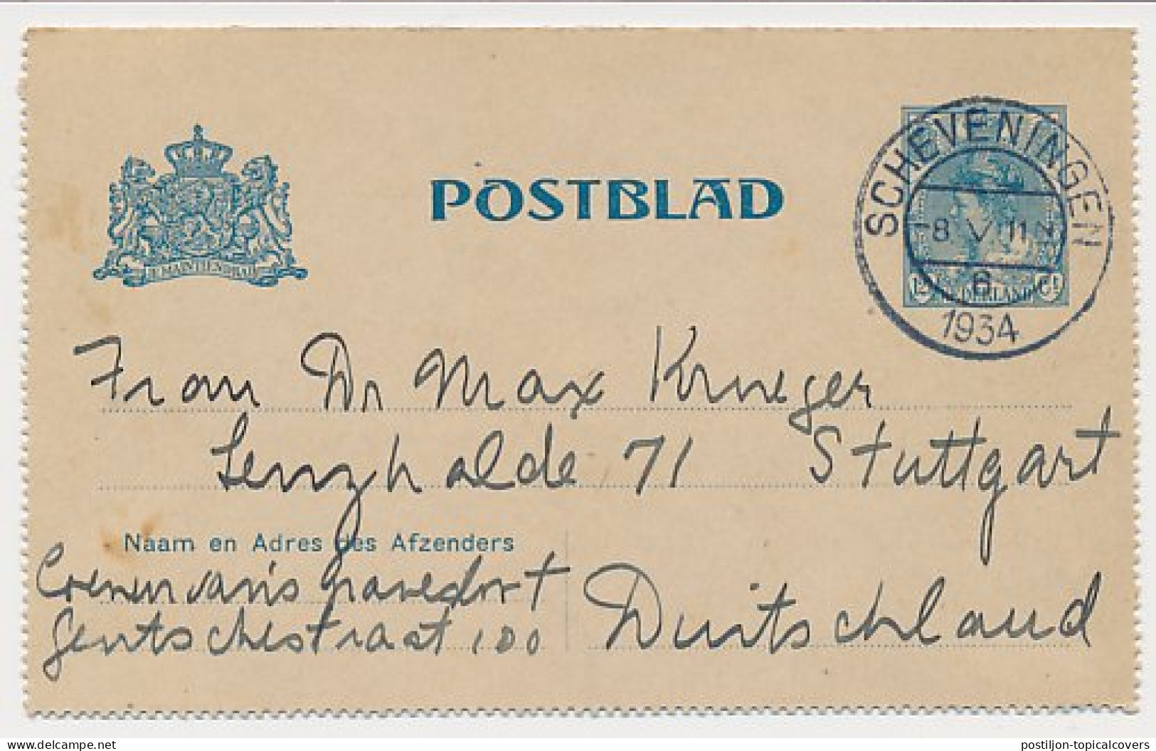 Postblad G. 15 Scheveningen - Stuttgart Duitsland 1934 - Entiers Postaux