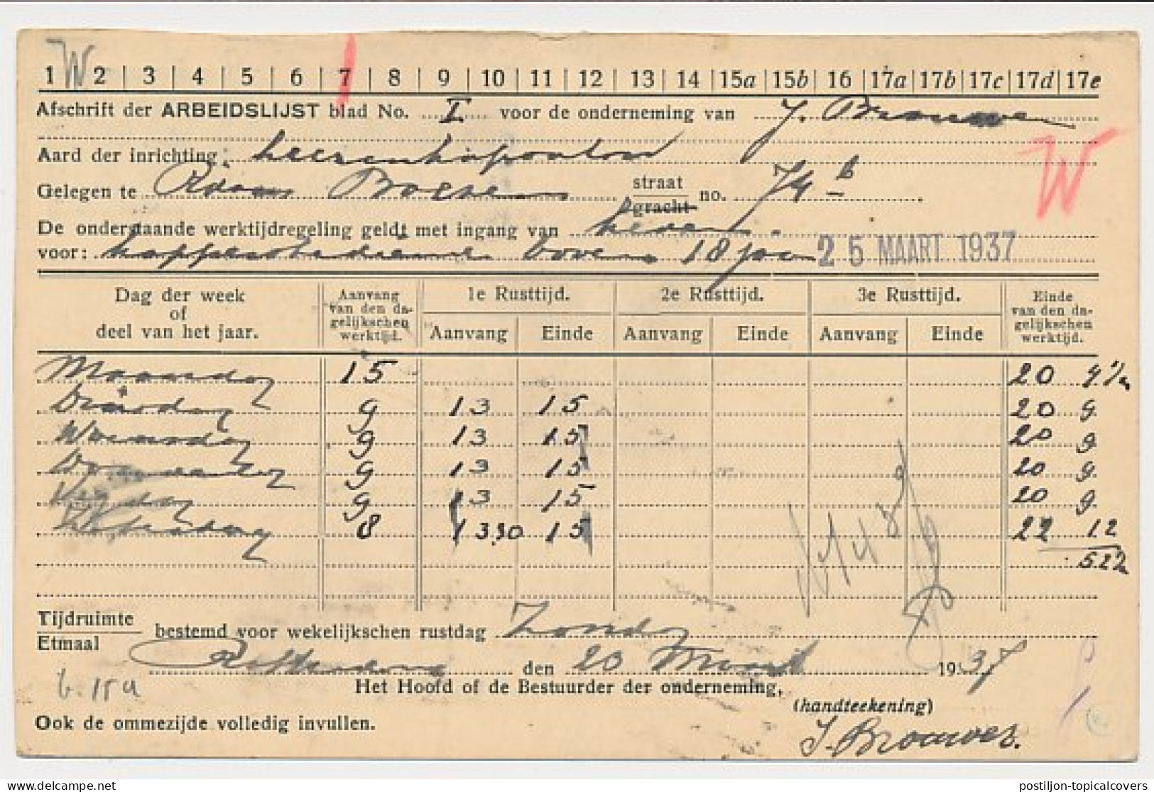 Arbeidslijst G. 15 A Locaal Te Rotterdam 1937 - Material Postal