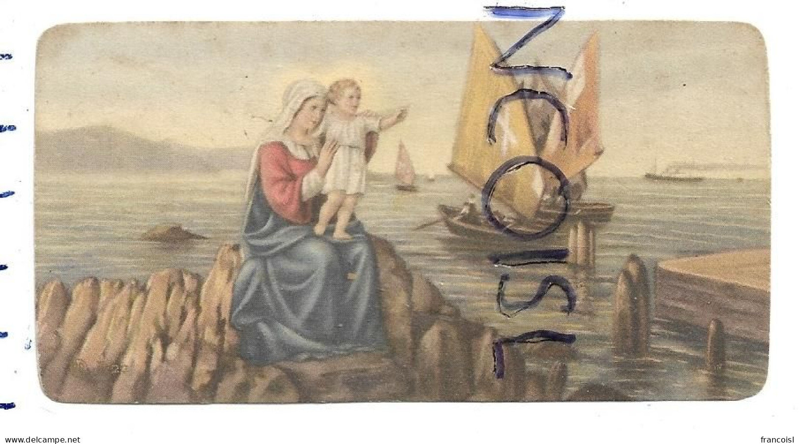 Vierge Et Enfant Jésus Regardent Les Bateaux De Pêche - Andachtsbilder