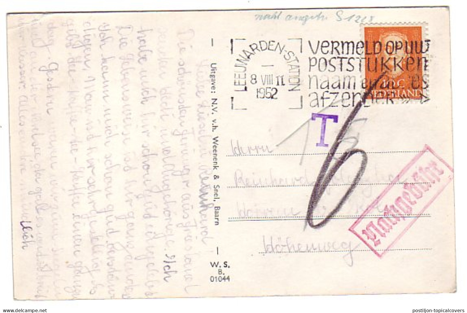 Em. En Face Leeuwarden - Duitsland 1952 - Port / Nachgebuhr - Non Classés