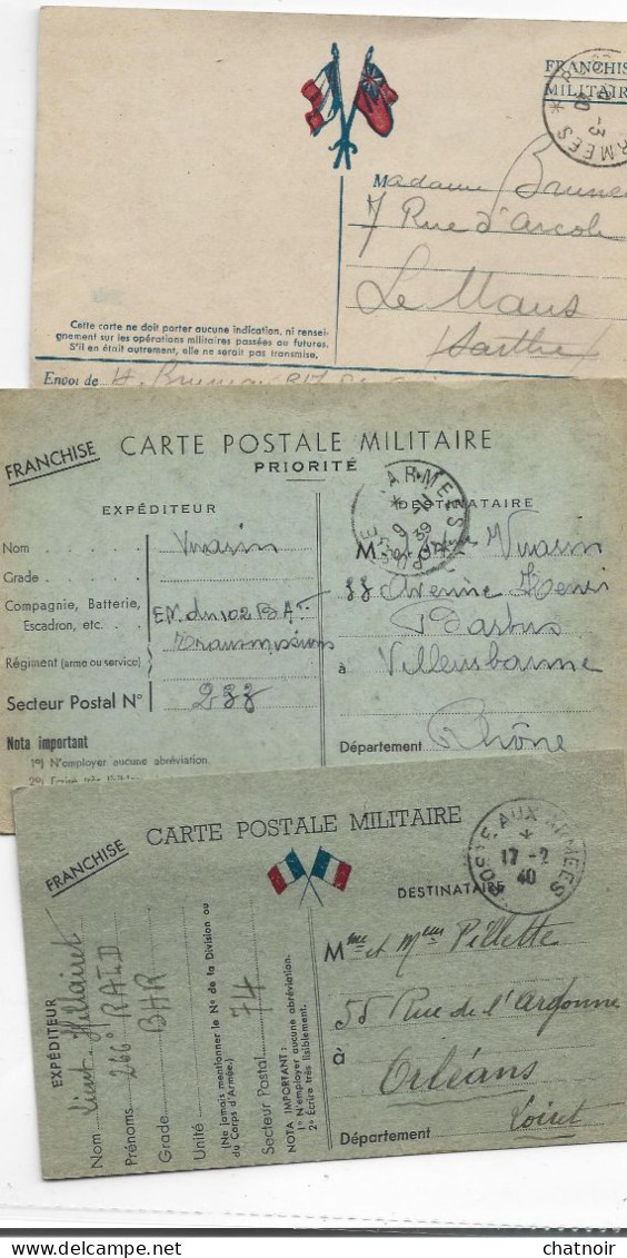 3 Cartes De Franchise  Militaire / 1939  1940  Oblit "postes Aux Armees " - 1939-45