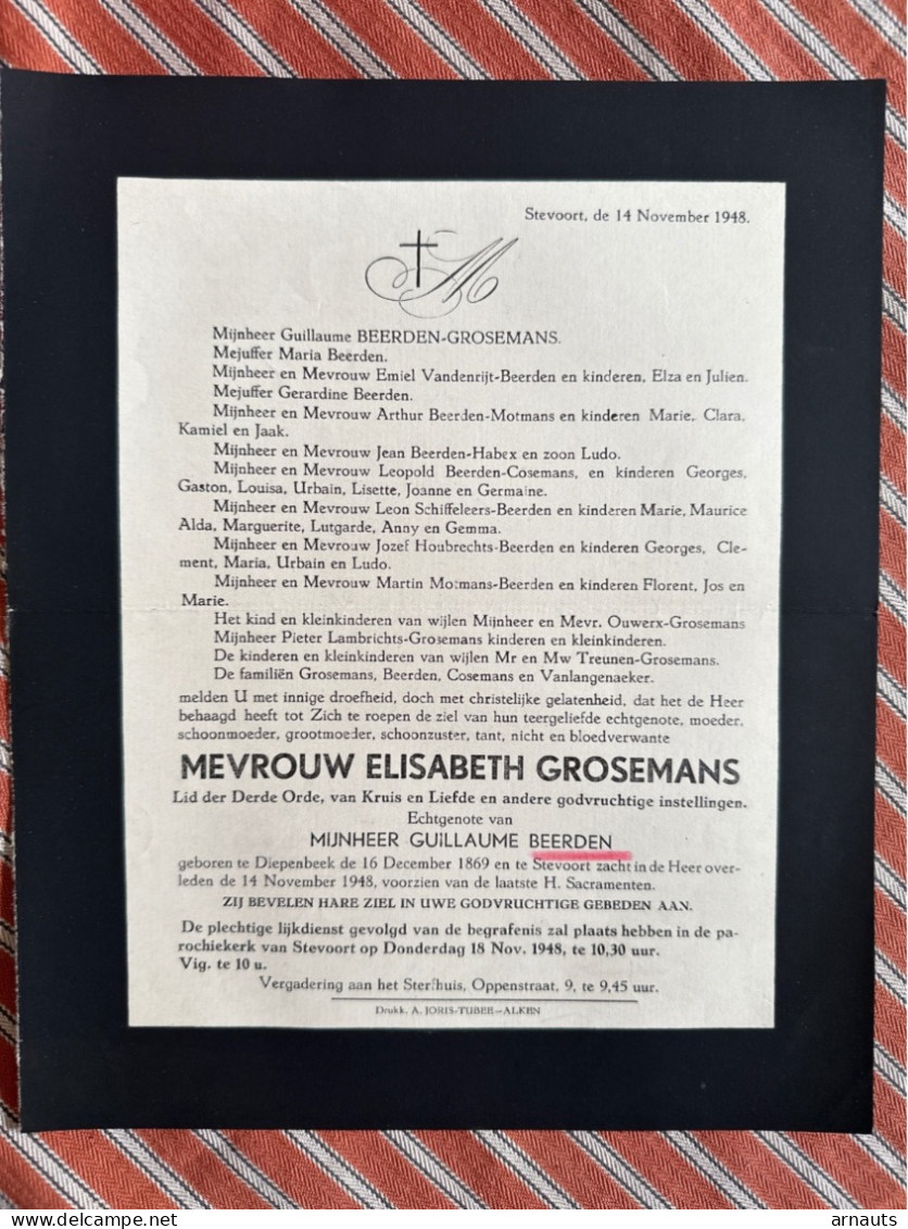 Mevr Elisabeth Grosemans Echtg Beerden Guillaume *1869 Diepenbeek +1948 Stevoort Druk Alken Vandenrijt Habex Motmans - Obituary Notices