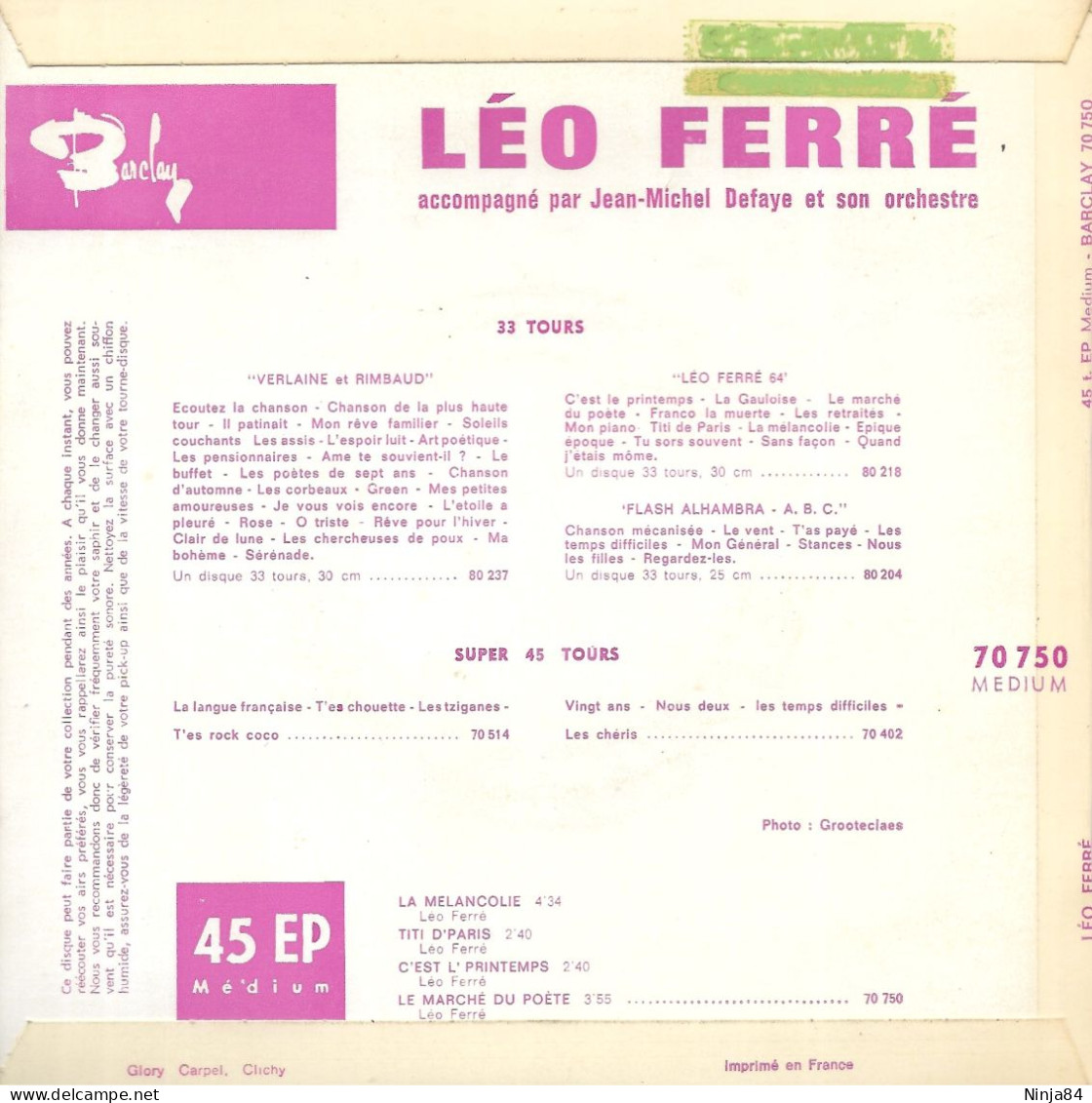 EP 45 RPM (7") Léo Ferré  "  La Mélancolie  " - Otros - Canción Francesa