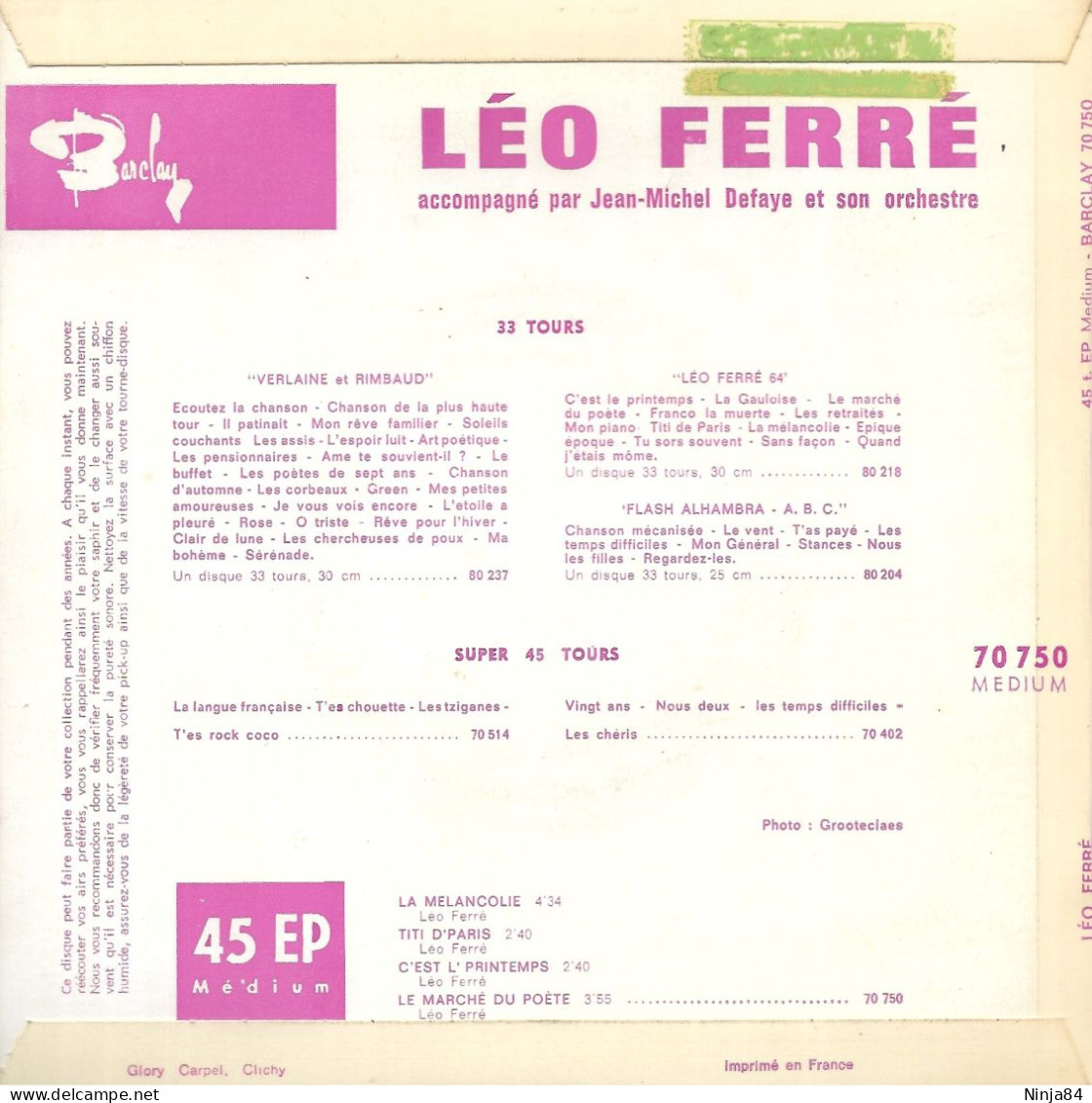 EP 45 RPM (7") Léo Ferré  "  La Mélancolie  " - Autres - Musique Française