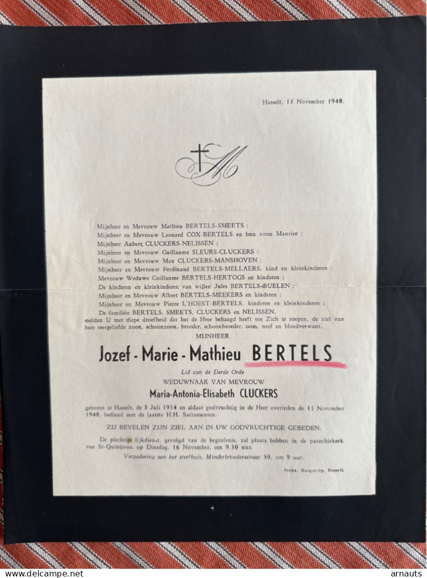 Mijnheer Jozef Bertels Wed Cluckers Maria *1914 Hasselt +1948 Hasselt Cox Nelissen Sleurs L’Hoest Hertogs Buelen Smeets - Obituary Notices