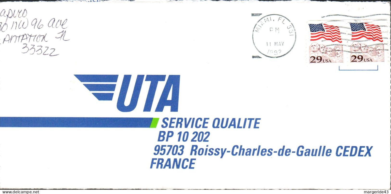 USA ETATS UNIS AFFRANCHISSEMENT COMPOSE SUR LETTRE DE MIAMI POUR LA FRANCE 1992 - Brieven En Documenten