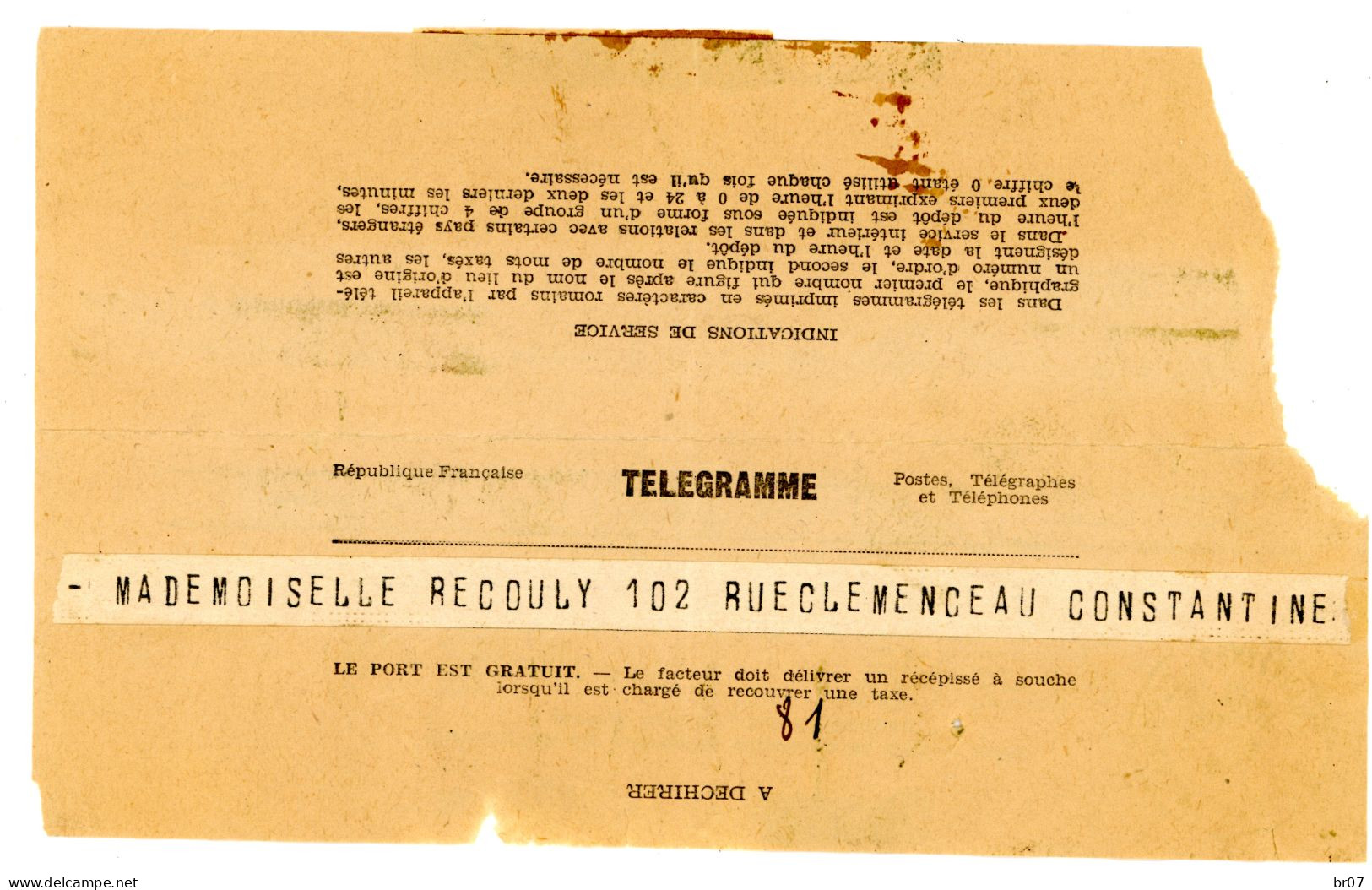 CONSTANTINE TELEGRAMME 1949 T04 DE CONSTANTINE CENTRAL  VOIR LES SCANS - Cartas & Documentos