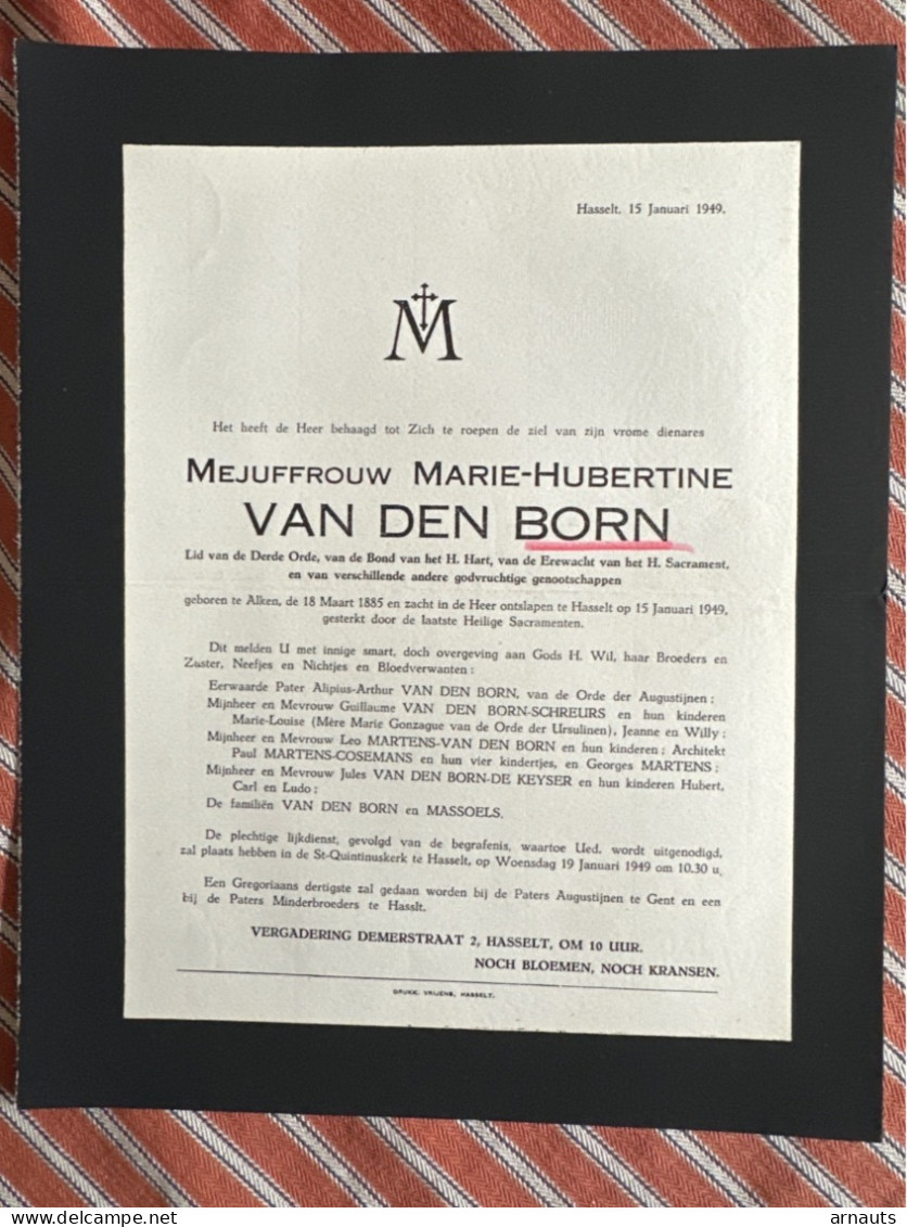 Mejuffrouw Marie-Hubertine Van Den Born *1885 Alken +1949 Hasselt Schreurs Martens Cosemans De Keyser Massoels - Obituary Notices