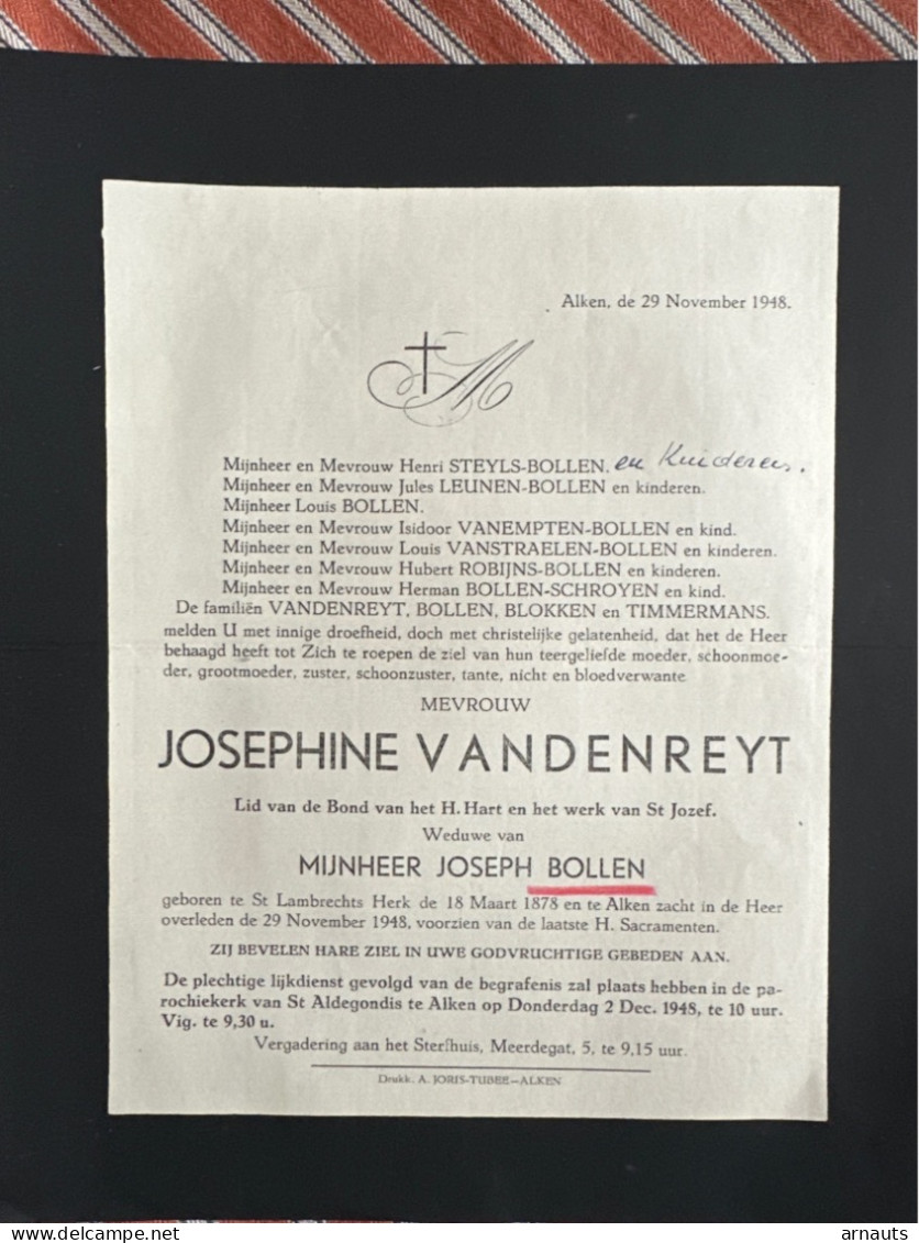Mevr Josephine Vandenreyt Wed Bollen Joseph *1878 St Lambrechts Herk + Alken 1948 Steyls Leunen Vanempten Robijns Bollen - Todesanzeige