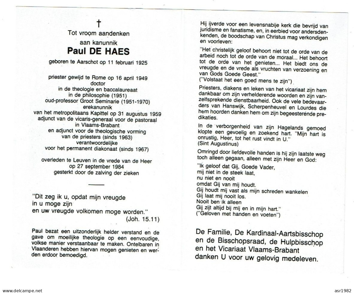 Doodsprentje Pastoor / Priester : Aarschot- Ere-Kanunnik - Leuven : E.H Paul De Haes . - Religion & Esotericism