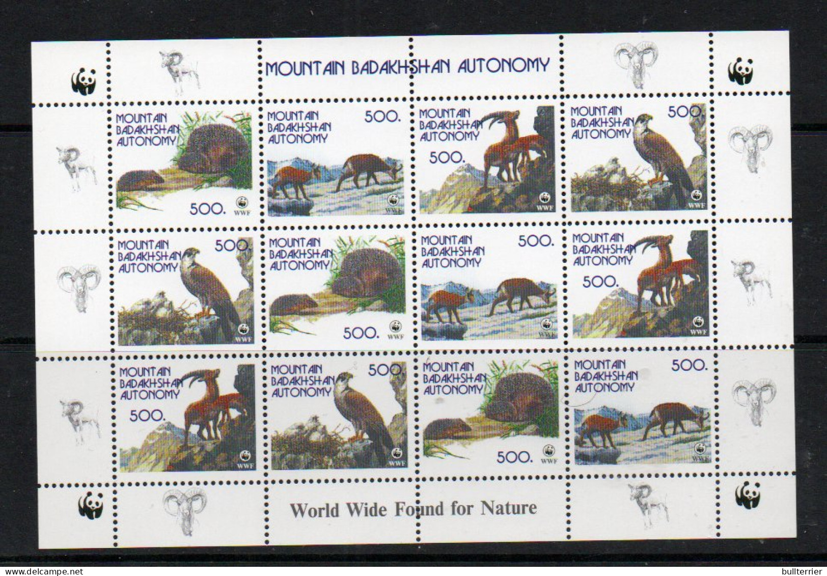 RUSSIA LOCALS -MOUNTAIN AUTONOMY BADAKSHAN  - WWF SET OF 4 IN SHEETLET OF 12  MINT NEVER HINGED - Andere & Zonder Classificatie