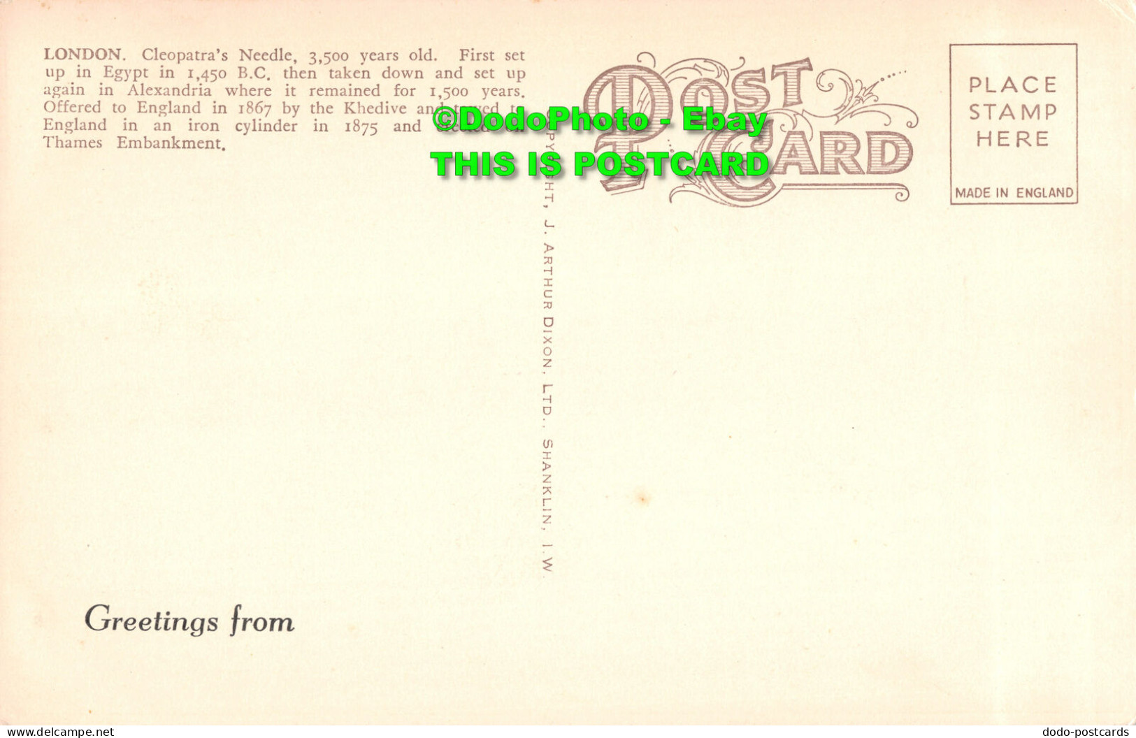 R427833 1945. London. Cleopatras Needle. Dixon - Other & Unclassified