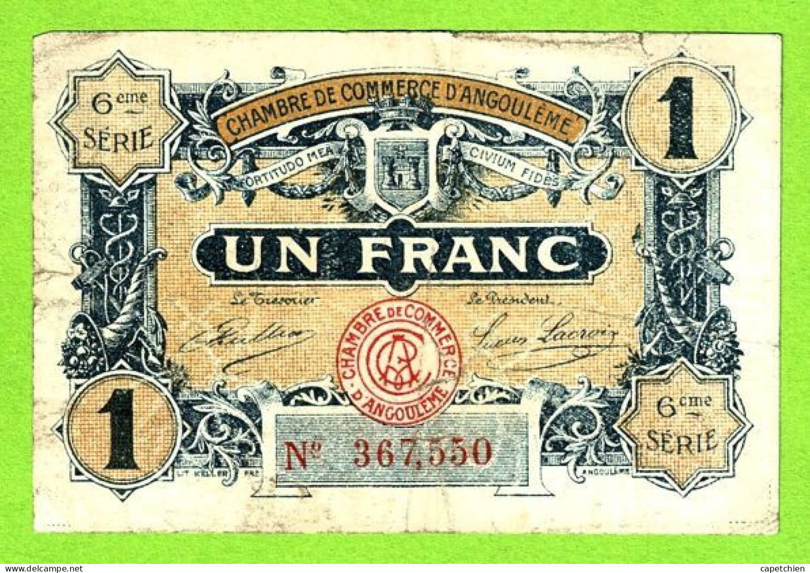 FRANCE / CHAMBRE De COMMERCE D,ANGOULÊME / 1 FRANC / 14 JANVIER 1920 / N° 367,550 / 6eme SERIE - Handelskammer